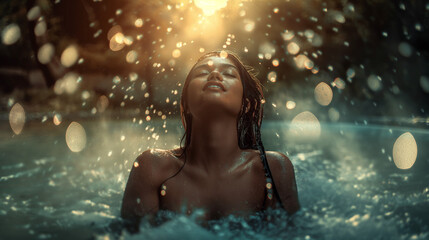 Woman basking in the sunlit water, drops sparkling around her. - obrazy, fototapety, plakaty