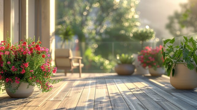 Wooden Deck With Chair and Potted Plants
