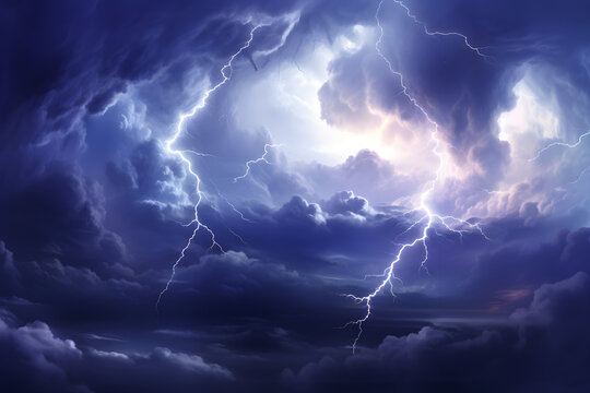 Realistic Lightning Strike Packs , Blue Electrical Storm Over Black Background.