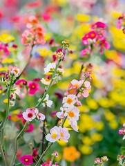 On a bright spring day, amidst a flower-filled background, colorful branches are adorned with an array of vibrant flowers. The focus is on the small blossoms, showcasing their diverse hues. 