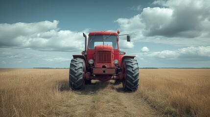   Red tractor parked on dry grass, cloudy blue sky and scattered clouds in the backdrop