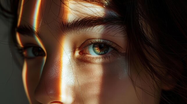 intent, soft eye with strong laser beams crossing her face in bright light, light and dark style, minimalist aesthetic photography