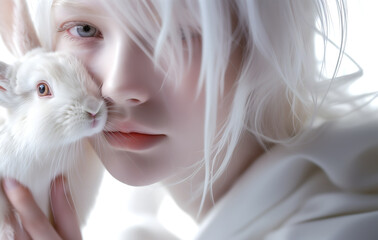 Fashion Surreal Concept. White hair pretty albino girl hugging a white furry rabbit bunny . illuminated dynamic composition and dramatic lighting