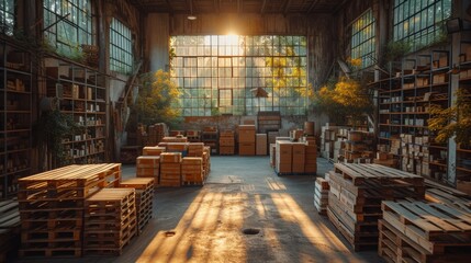   A spacious warehouse brimming with numerous wooden pallets and an expansive window flooded with natural light streaming in