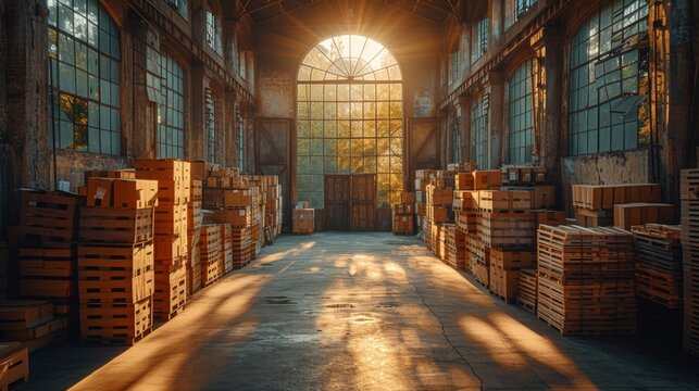   A warehouse brimming with boxes and a grand arched window, illuminated by radiant sunlight