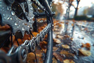 Bicycle chain and gears raindrops clinging - obrazy, fototapety, plakaty