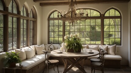 Charming French country estate breakfast room with wood beams antique chandelier curved banquette and picture window over gardens.