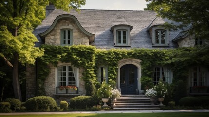 Obraz premium Charming French country manor with stone exterior slate roof and climbing ivy details.