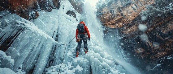 Rock climbing a frozen waterfall - obrazy, fototapety, plakaty