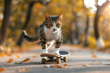 Cute cat riding on skateboard in the autumn park - Powered by Adobe
