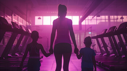 Cinematic photograph of a mother holding hand of two children at the gym . Mother's Day. Pink and purple color palette.