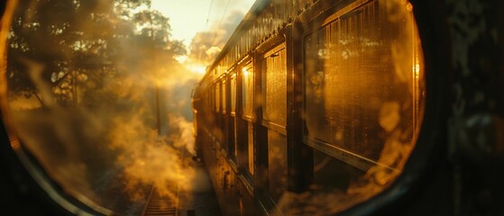 Steam engine train through a dusty glass window 