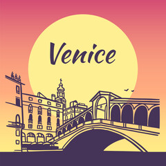 Line art drawing of Rialto Bridge in Venice, Italy, architecture tourism landmark, travel destination illustration