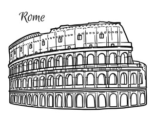 Line art drawing of Colosseum in Rome, Italy, architecture tourism landmark, travel destination illustration