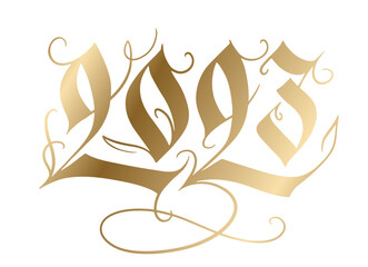 Golden 2023 hand writing for the new year greeting card. Calligraphic numbers in gothic style. Hand-drawn vector design illustration