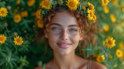 Naklejka premium A lady crowned with sunflower wreath, posing against sunflower field