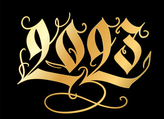Golden 2023 hand writing for the new year greeting card. Calligraphic numbers in gothic style. Hand-drawn vector design illustration