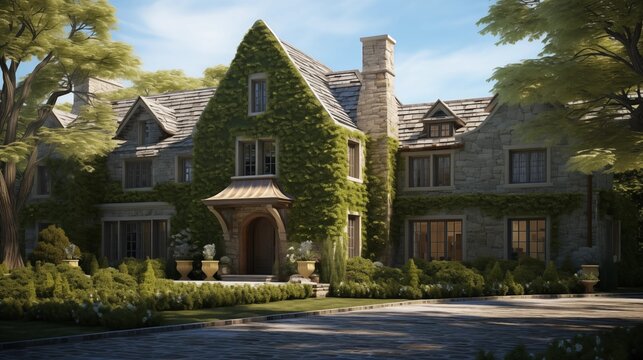 Charming French country manor with stone exterior slate roof and climbing ivy details.