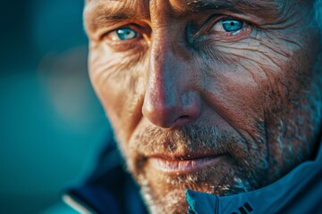 Intense close-up portrait of a mature man with blue eyes and weathered skin - obrazy, fototapety, plakaty