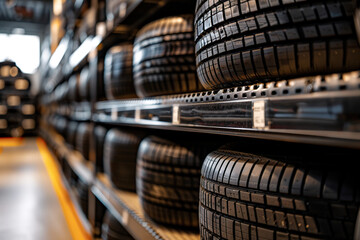 New tires on storage rack in car workshop