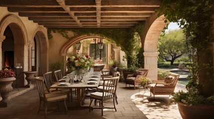 Charming Provencal-style courtyard loggia with stone arches wood beams and alfresco dining area draped in vines. - obrazy, fototapety, plakaty