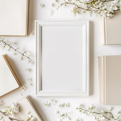 Frame design for book festival. Various notebooks with cute little white flowers decorations on a plain white background with blank space for text at the center.