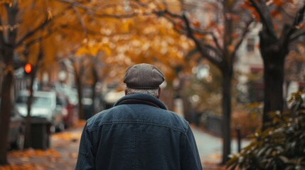 Portrait photo of a man in her 60s, medium shot, walking down the street, photo from behind