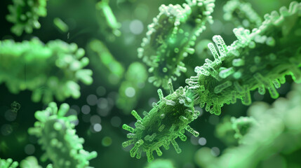 Microscopic bacteria, green color, 3d rendering - obrazy, fototapety, plakaty