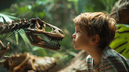 Young child in awe observing the detailed skeleton of a dinosaur in a museum