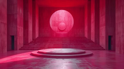   Steps leading to a red light in a columned room with a circular light at the end