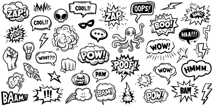  Set of hand drawn elements doodle comics isolated on white background. Speech bubbles with the words bom, boom, pow, poof, omg, crush