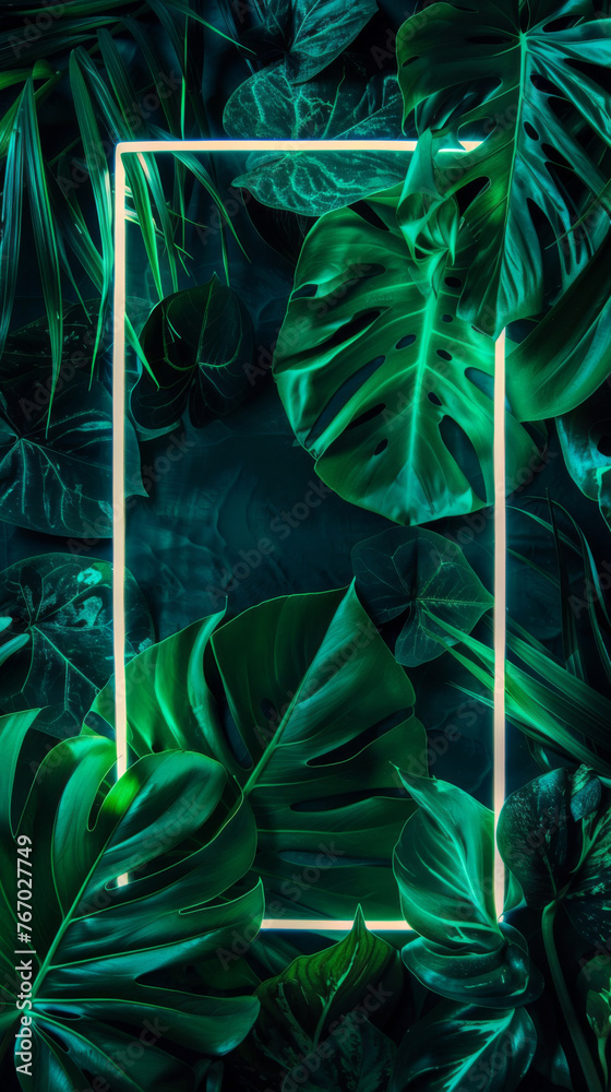 Canvas Prints monstera plants frame and green neon light