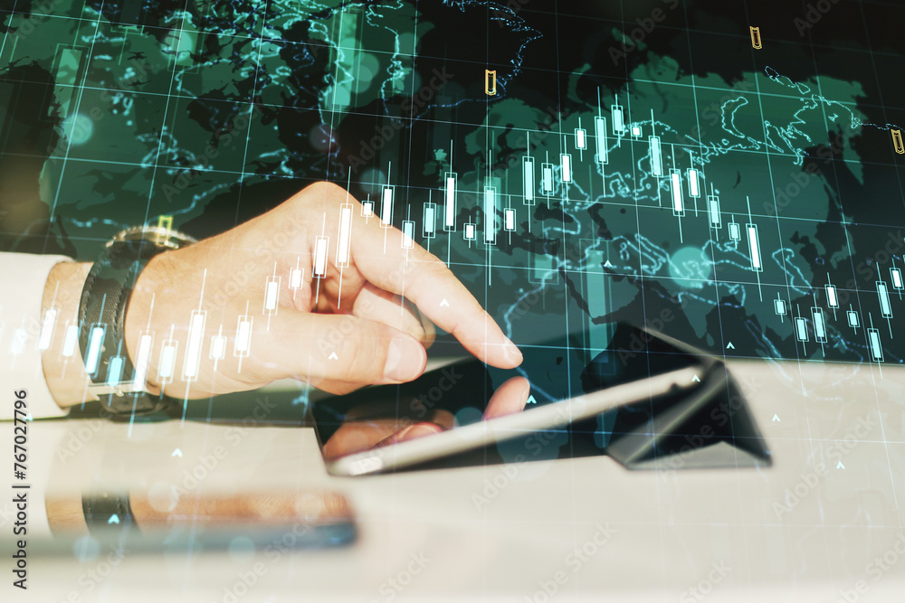 Poster Multi exposure of abstract creative financial chart with world map and with finger presses on a digital tablet on background, research and analytics concept