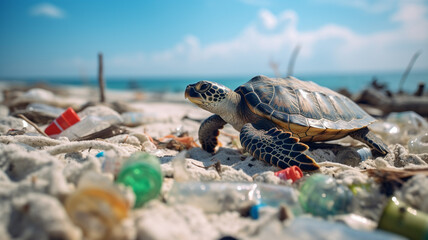 Baby sea turtles crawl along trash-strewn beaches.