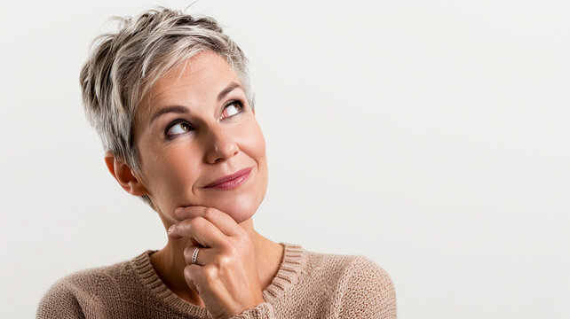 A mature woman posing in a thoughtful gesture on a pristine white background.