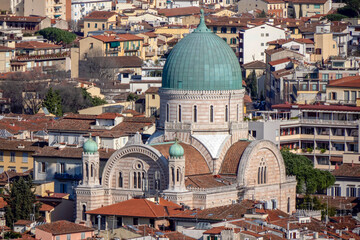 Fototapeta na wymiar Synagogue Florence Aerial view cityscape from giotto tower detail near Cathedral Santa Maria dei Fiori, Brunelleschi Dome Italy