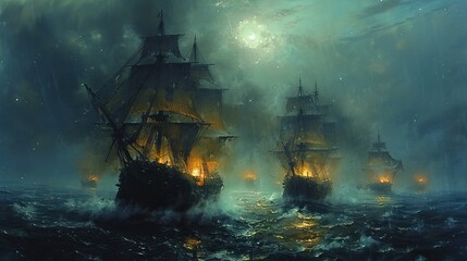 naval battle oil painting on the open seas dramatic weather - obrazy, fototapety, plakaty
