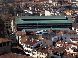 market Florence Aerial view cityscape from giotto tower detail near Cathedral Santa Maria dei Fiori, Brunelleschi Dome Italy