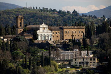 San miniato church Florence Aerial view cityscape from giotto tower detail near Cathedral Santa Maria dei Fiori, Brunelleschi Dome Italy