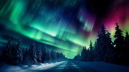 Under the cold night sky The snowy streets are lit up by the dazzling dance of the northern lights.