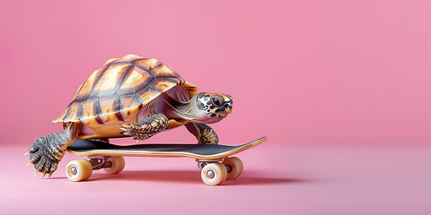 Turtle riding skateboard isolated on pastel pink background. Accelerated development, giving incentives to slow business, speed up of sports success. Creative concept of transport.