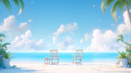 夏日沙滩度假海滩沙滩椅椰子树岛屿休闲旅游场景背景