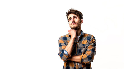 Naklejka premium Young man in casual clothes poses in contemplation isolated on white background