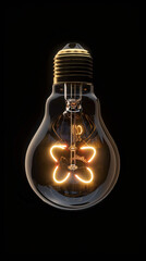 A single light bulb, with a bright, glowing filament that is shaped like a symple butterfly, brand new and glowing brightly, floating isolated against a deep, solid black background.