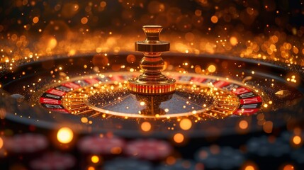   A close-up of a casino roulette wheel with a halo of soft lights - obrazy, fototapety, plakaty