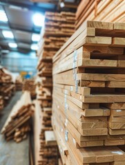 Piles of fresh white oak planks stacked in the warehouse