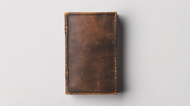 Mock-up of a book with blank brown leather cover on a plain white background. Classic old book style in front view.