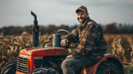 Obraz premium Farmer, man on a tractor in the middle of a field. 