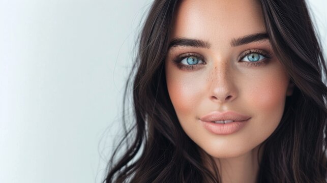 Portrait of a beautiful woman with long dark hair and perfect dark smokey makeup smiling, beautiful bright blue eyes open, isolated on a white background. A beauty fashion model