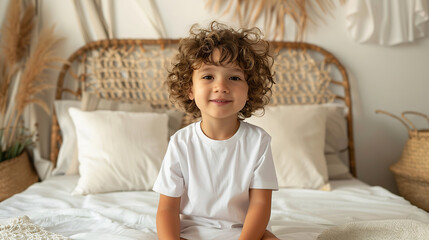 A young boy is sitting on a bed with a white shirt on. He is smiling and looking at the camera. The room is decorated with a few plants and a basket